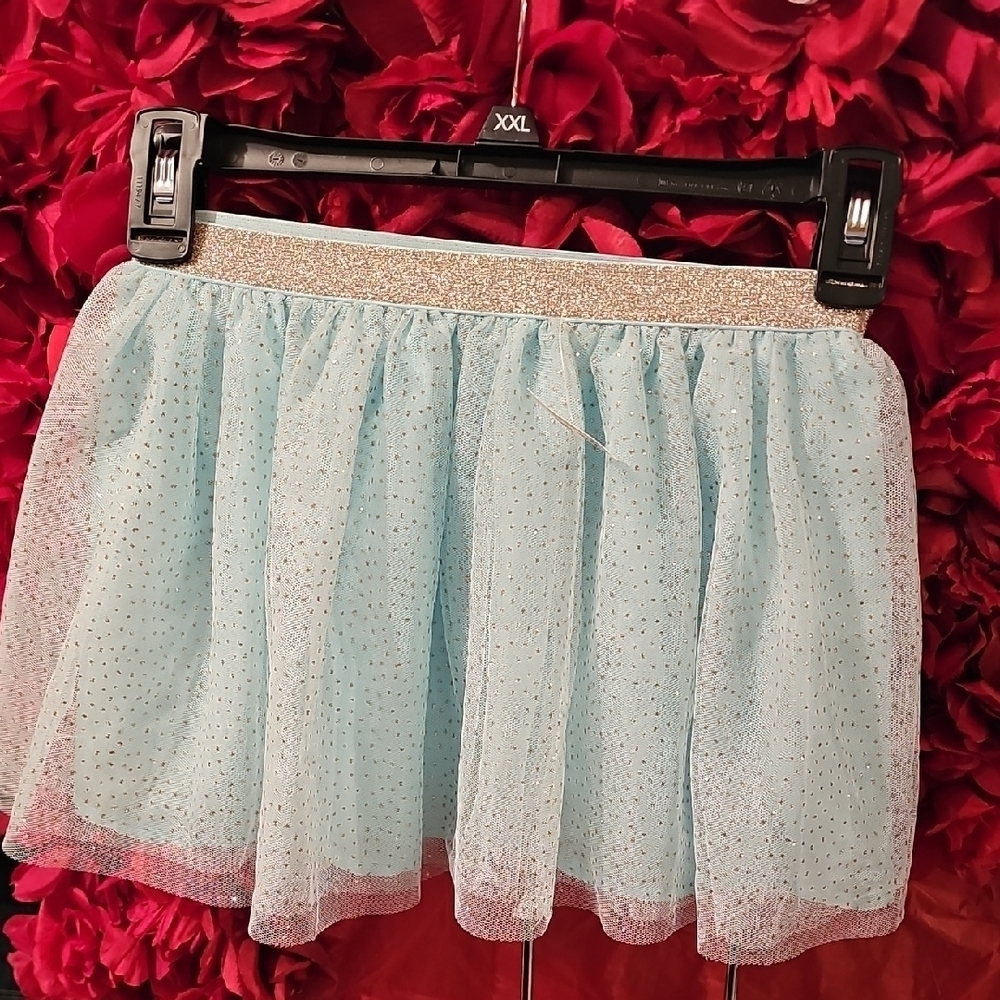 Girls NWT Blue Glitter Tulle Skirt With Gold Waistband Size 5/6